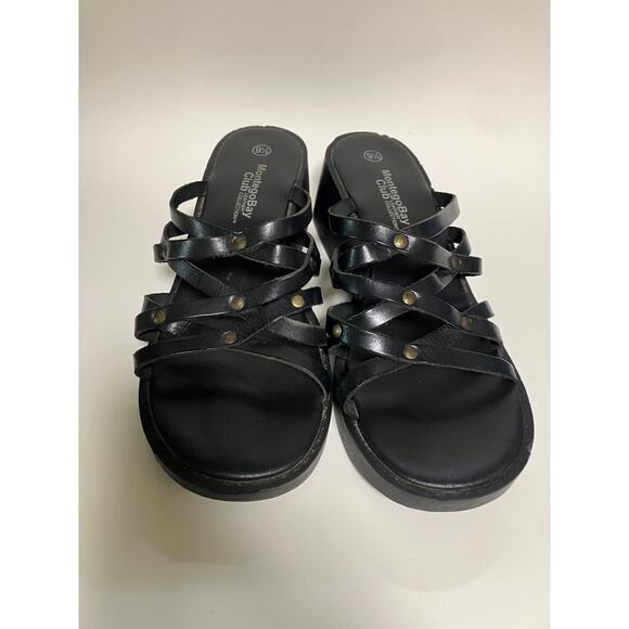 Y2K Montego Bay Club Sandal 9.5 Black Leather Strappy Chunky VTG Wedge Platform - Picture 5 of 7
